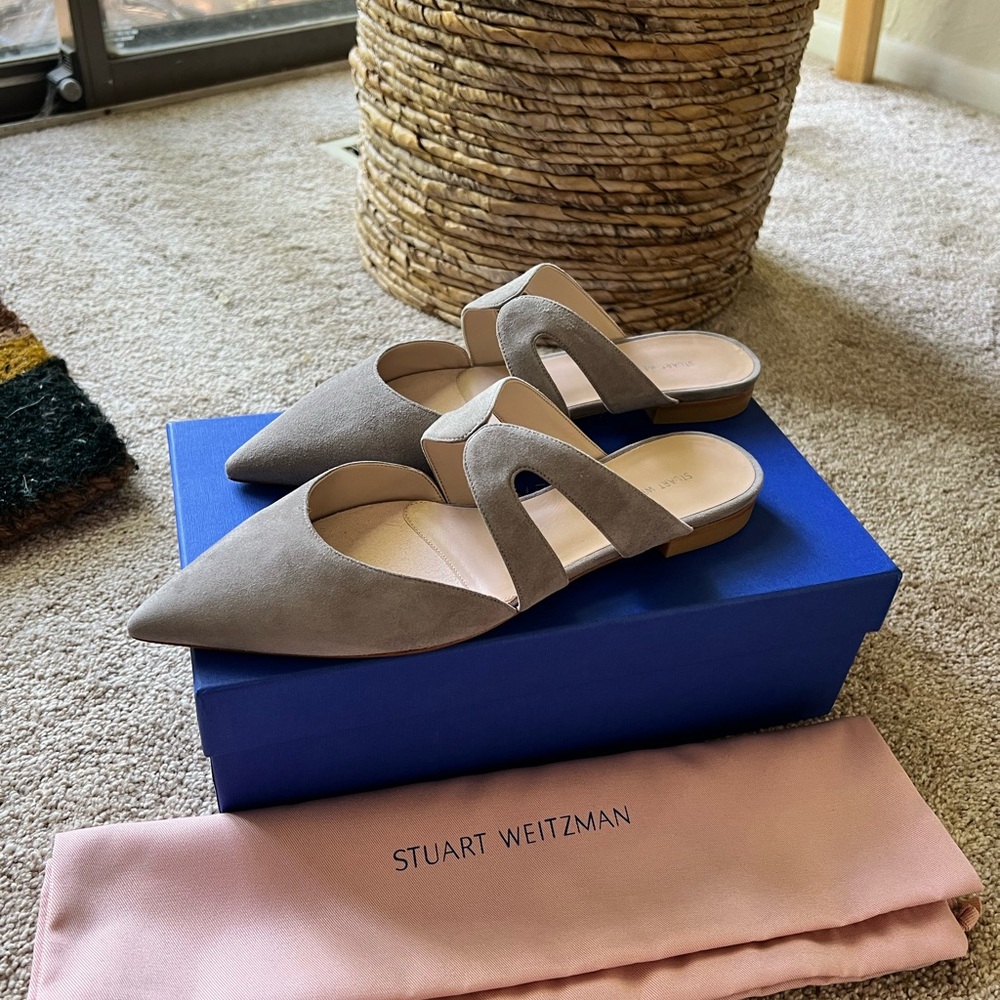 Stuart Weitzman Gray Suede Flat Mules, Size 8/38.5